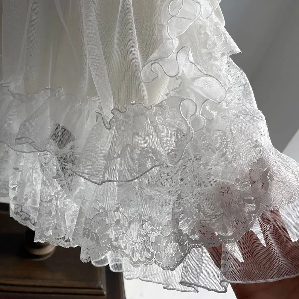 Versatile White Black Lolita Short Shawl Lace Mesh Sheer Princess Capes Cardigan Open Front Ruffles Ace Mesh Skirt Women view 3