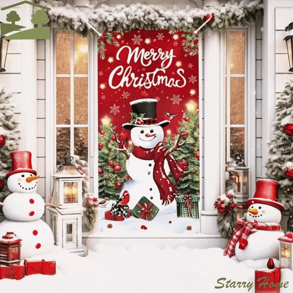 Santa Claus Pattern Christmas 2D Door Banner Perforated Strap Fastening Rectangular Christmas Door Cover Polyester Hanging