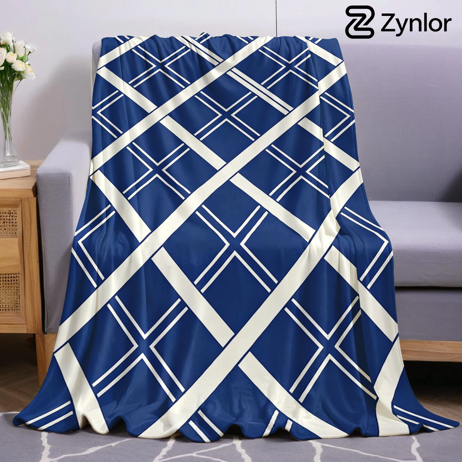 Navy Cross Grid Ultra Soft Sherpa Fleece Blanket Fluffy Warm Thick Throw for Sofa Bedroom Couch Holiday Home Decor Gift