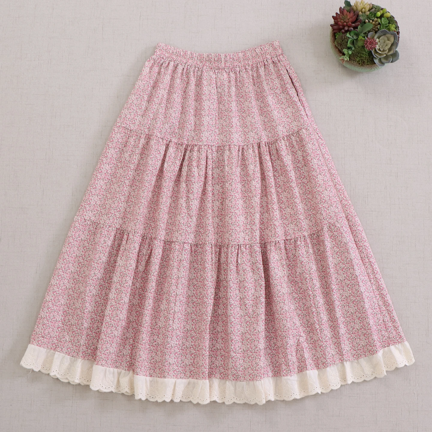 Japanese Sweet Mori Girl Vintage Floral Printed Lace Hem Patchwork Skirts Women Summer Elastic Waist Casual Loose A-Line Skirts