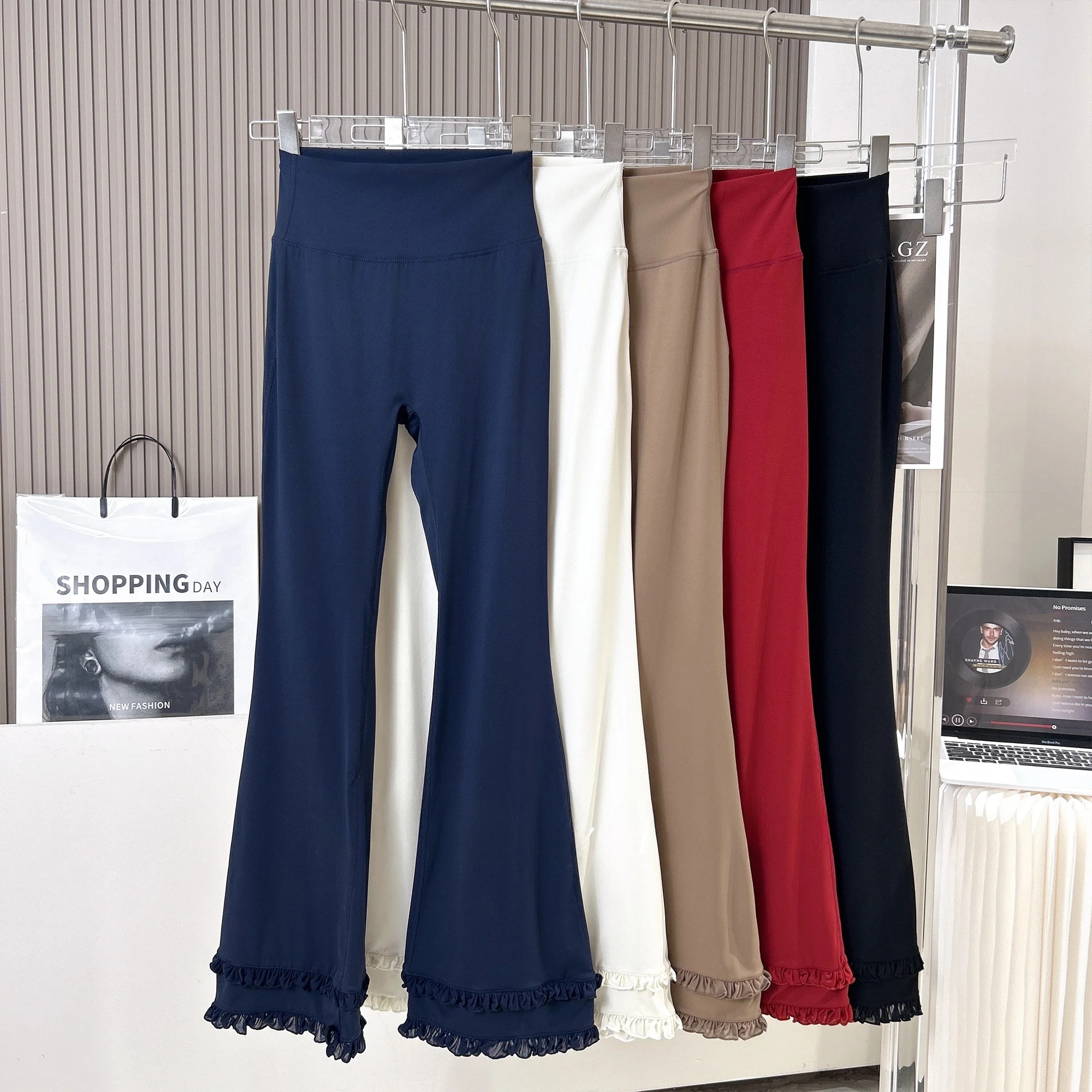 

Женские леггинсы для йоги с высокой талией, расклешенные, с эффектом похудения, прямым низом, кружевной отделкой, быстросохнущие, для отдыха и спорта, длинные брюки