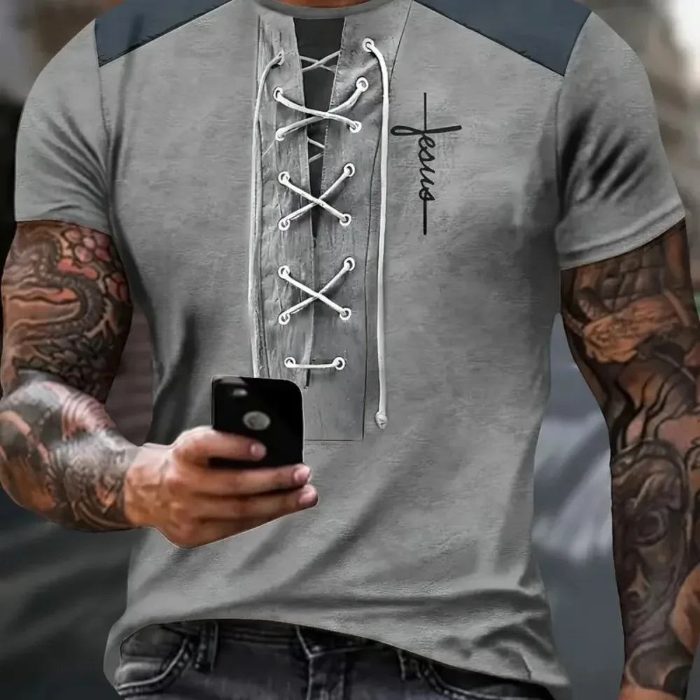 Retro Workwear Lace-up Pattern Sports Quick-dry Breatha 3D Printed Men T-shirt Outdoor Street Fashion Casual Short-sleeved Shirt