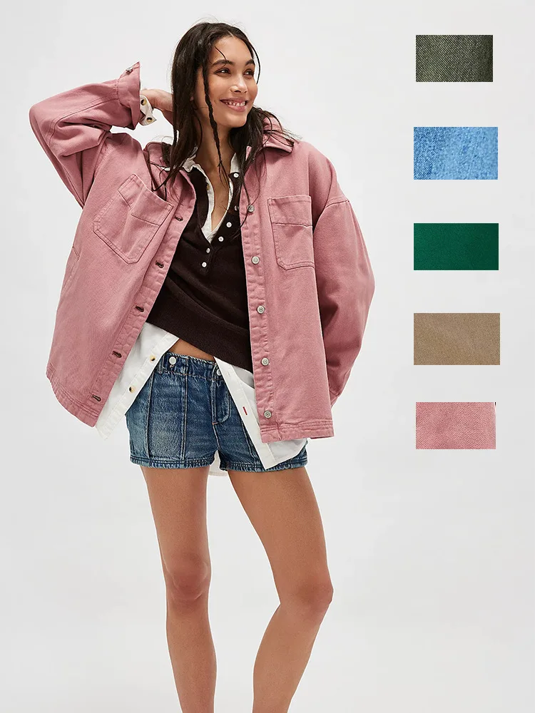 

Женская джинсовая куртка большого размера с боковыми разрезами и карманами, повседневное свободное пальто с длинными рукавами, новинка 2025 года, однобортное однобортное пальто на пуговицах спереди