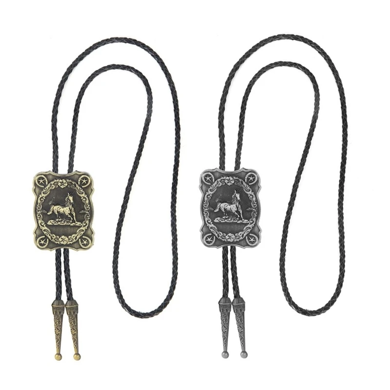 

Braided Shoestring Bolo Tie with Engraving Horse Charm Cowboy Necktie Necklace Country Bolo Tie Cowboy