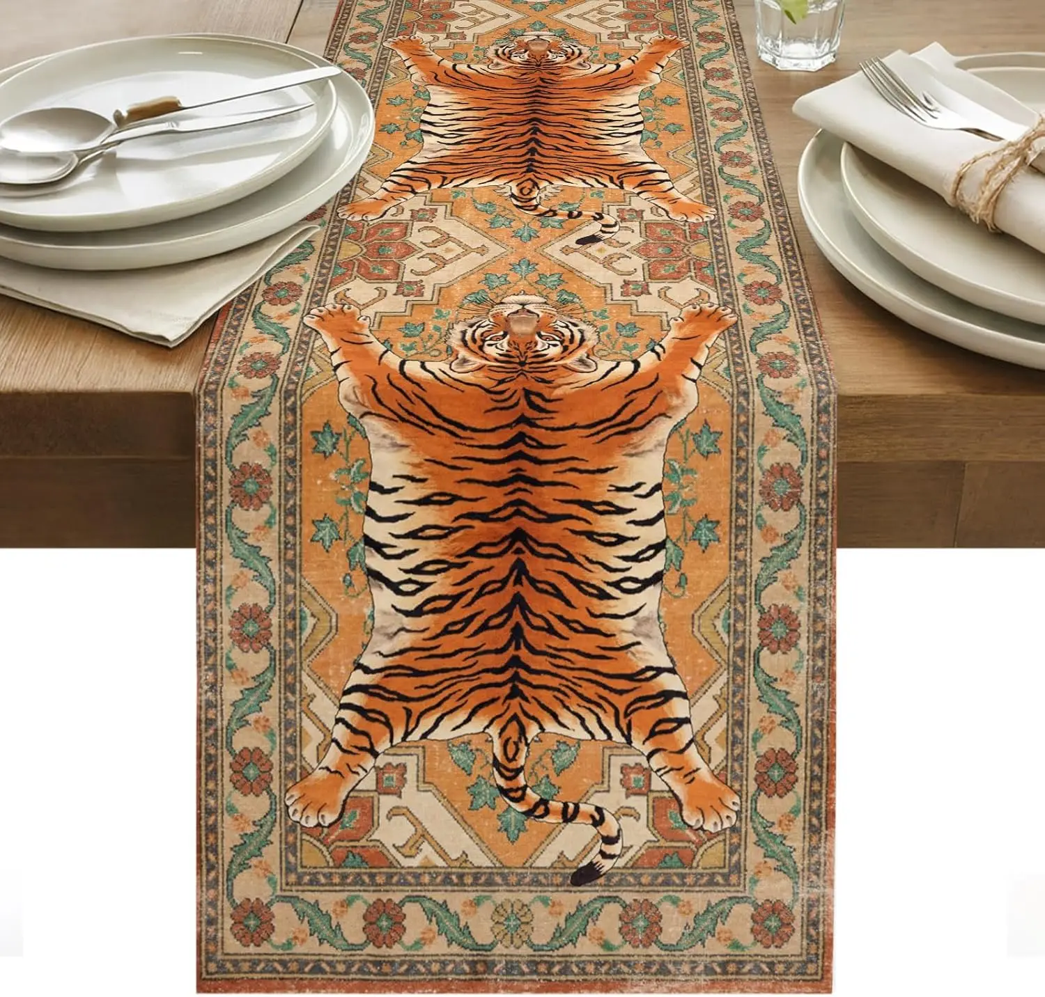 Persian Style Tiger Pattern Linen Table Runner Party Decor Reusable Farmhouse Kitchen Dining Table Runner Wedding Decorations
