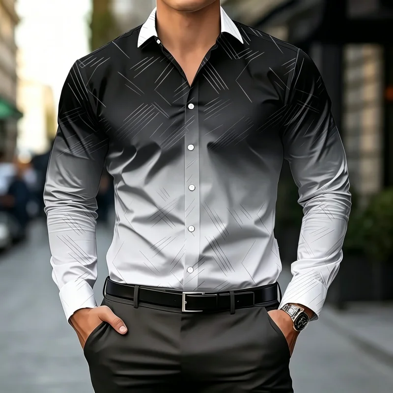 Men's shirt new color gradient geometric lines men's long sleeved shirt business slim fit lapel comfortable men's clothing