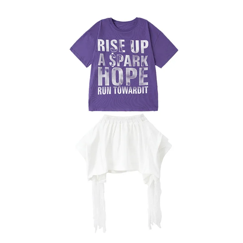 Criança kpop hip hop roupas letras roxas t camisa topo branco rua rendas cinta mini saia para menina jazz dança wear traje roupas
