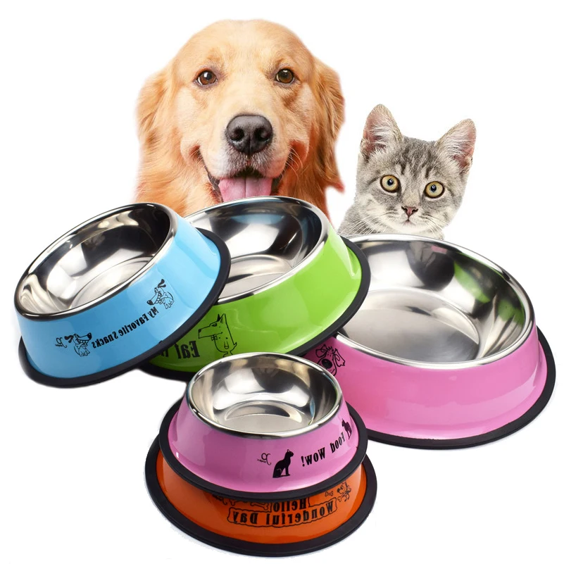 Cuenco para mascotas con dibujos de gatos, olla de acero inoxidable para perros, alimentador para mascotas, Gamelle Chien, botella de agua, comida para perros y gatos