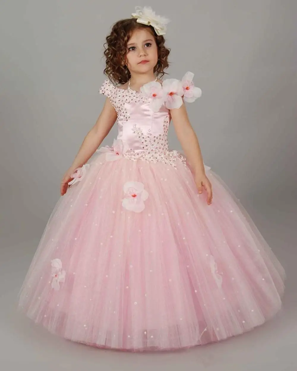 Elegant Sleeveless Tulle Decal Pink Angel Princess Flower Girl Dresses Wedding Party Ball First Communion Dresses Kids Gift