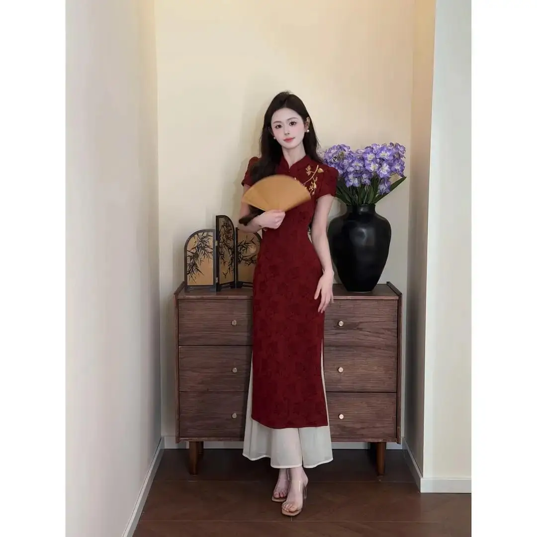 New Chinese-Style Red Contrasting Color Embroidery Fake Two Pieces Summer New Cheongsam Long Jacquard Dress Women