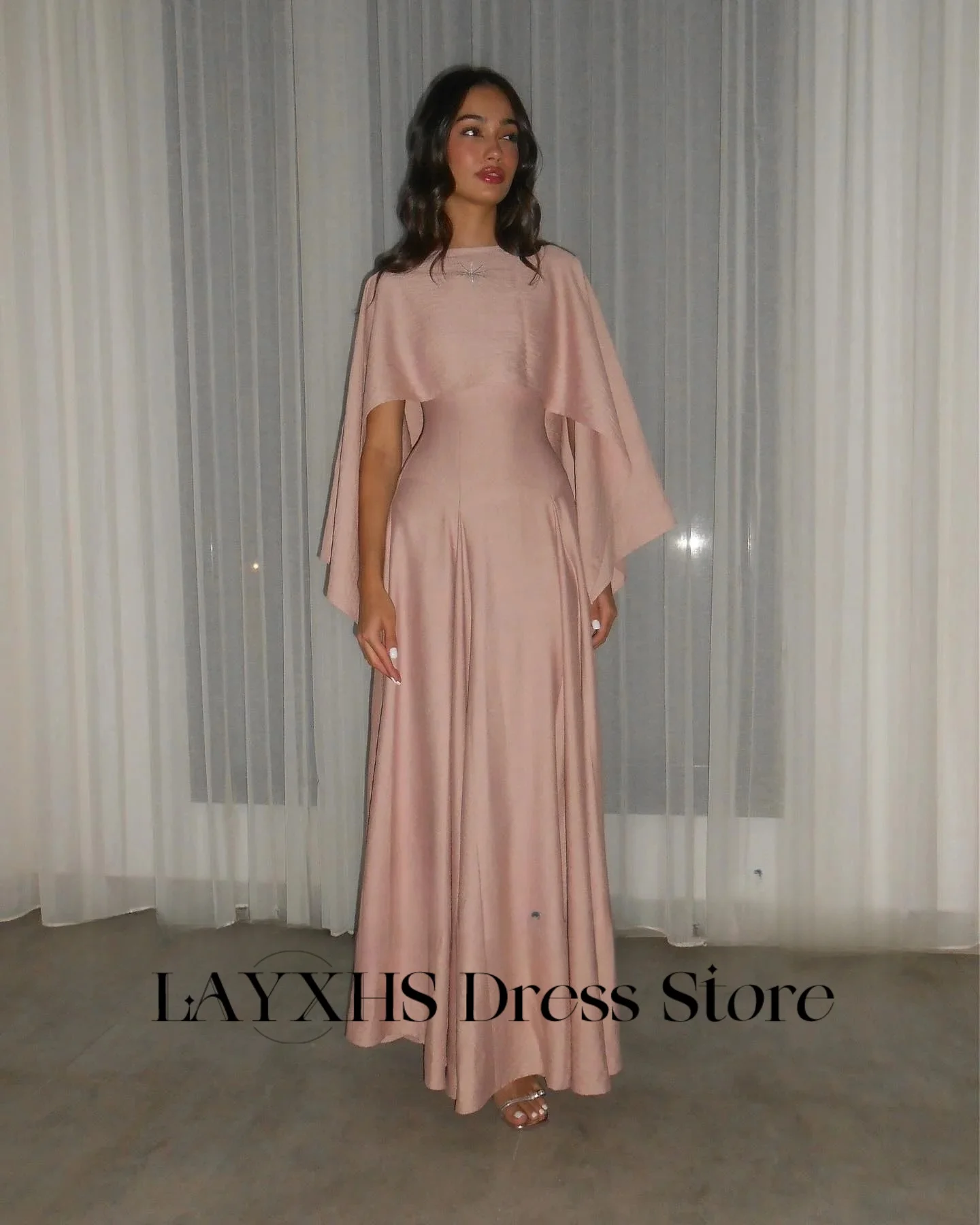 

LAYXHS Temperament O-Neck Evening Dresses Pink Shawl A-line Pleat Formal Women Prom Dresses Customized فساتين شارون سعيد