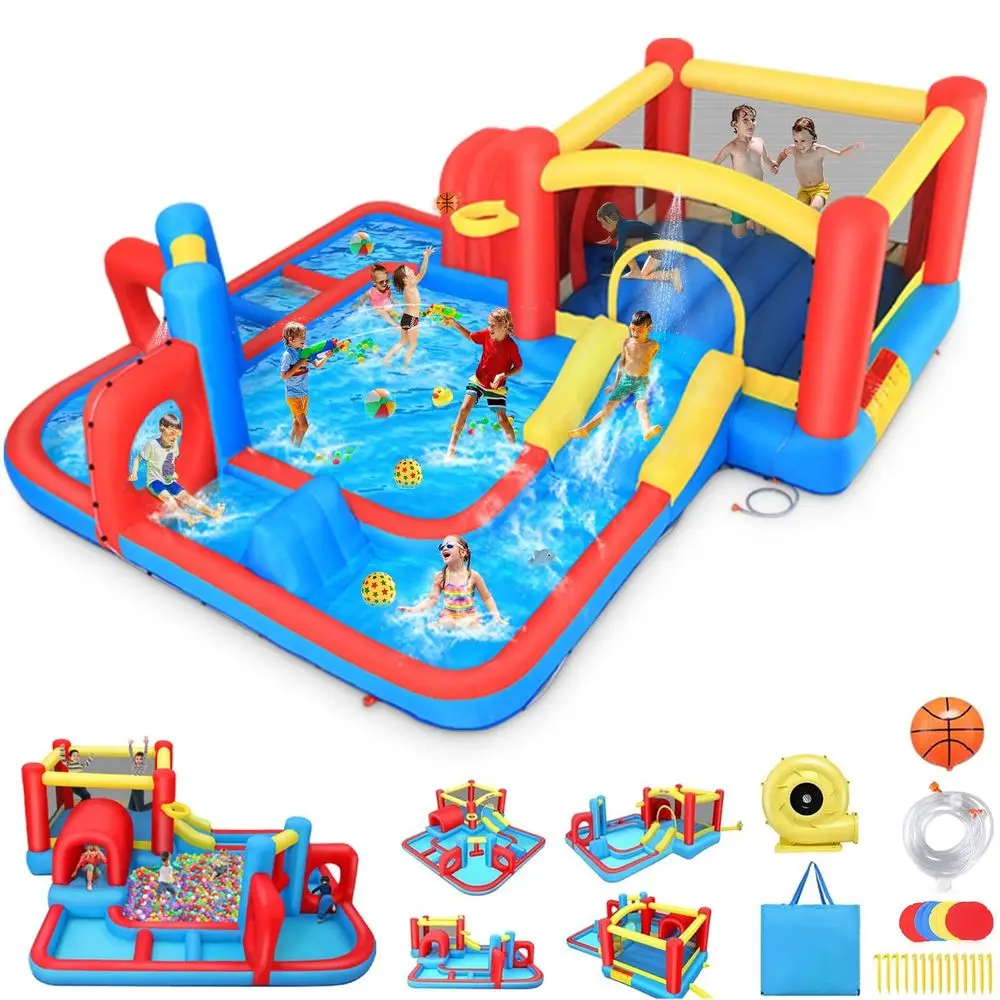 

Bounce House Water Slide, 14.3x14.3FT Maze Waterpark Obstacle Course w Jump Area, Splash Pool, Obstacle, Slide, Punching Bag, B