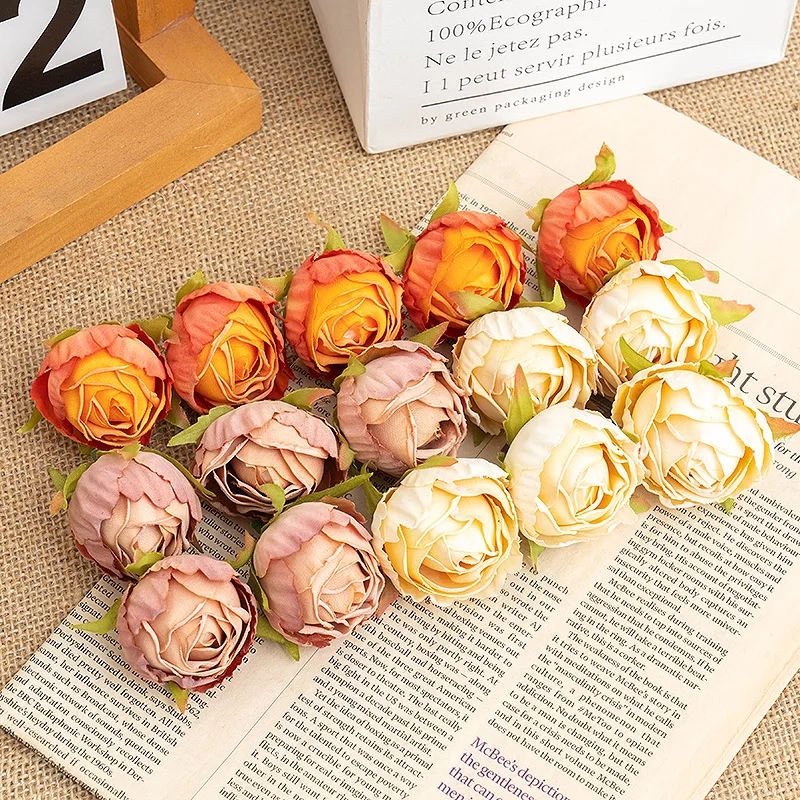 5Pcs Artificial Flower Silk Retro Burnt Edge Tea Buds Rose Head Christmas Wedding Home Decorative Fake Floral Craft Arrangement