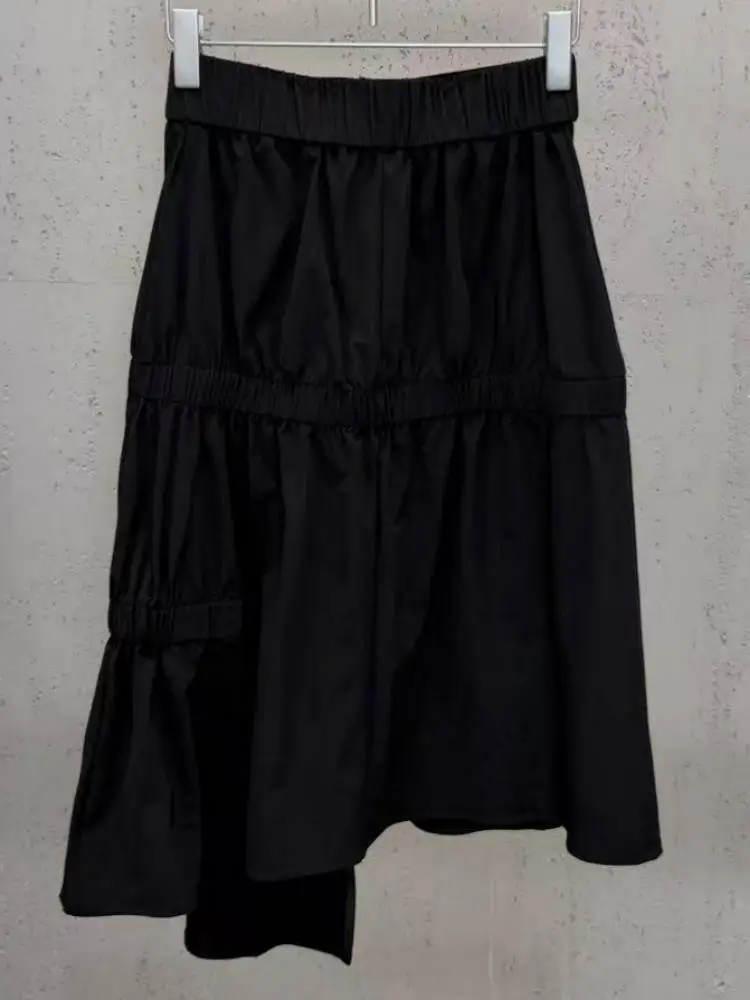 Leisure Female Elastic Waist Versatile Asymmetry Knee-Length Skirt Fashion Ladies Solid Color Zipper Fold Straight Skirts