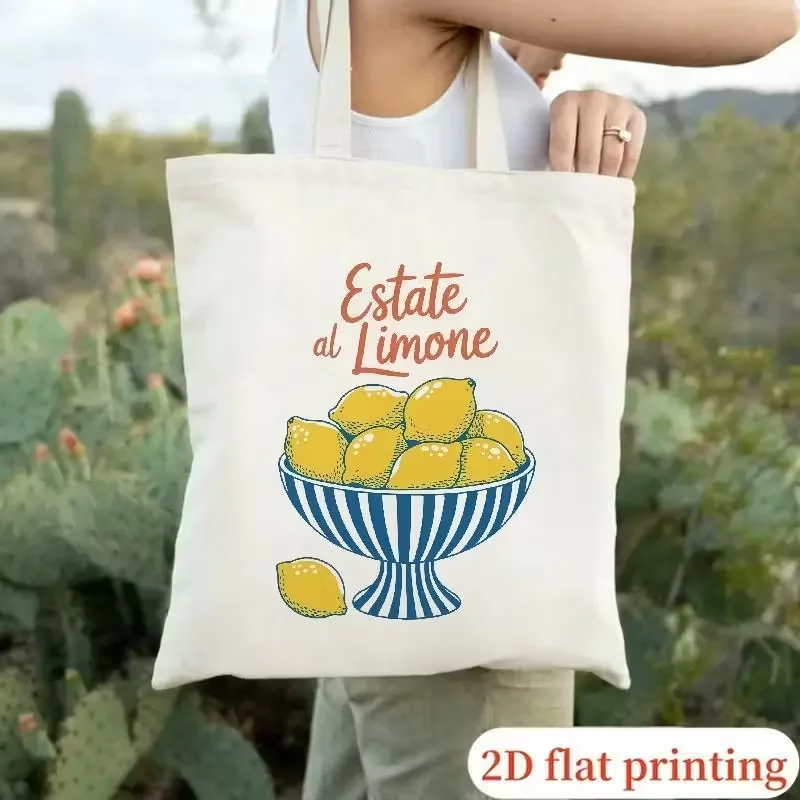 Estate al Limone Italian Summer Canvas Tote Bag Women Lemon Fruit Graphic Print Shopper Bag Mediterranean Style Beach Handbag