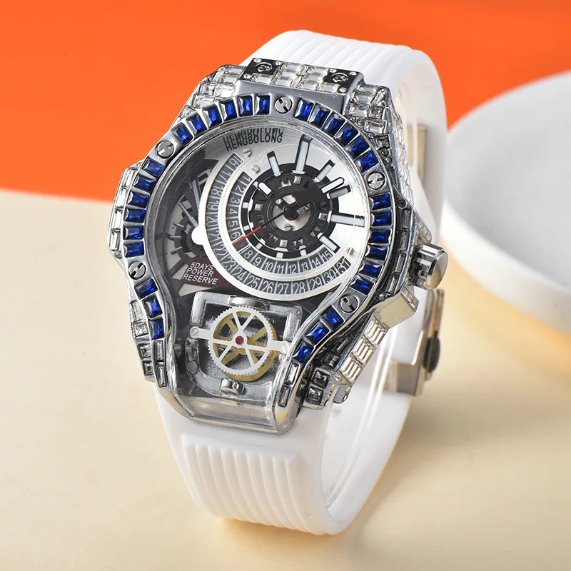 Men\'s three-hand quartz watch fashion sporty special-shaped blue full diamond watch