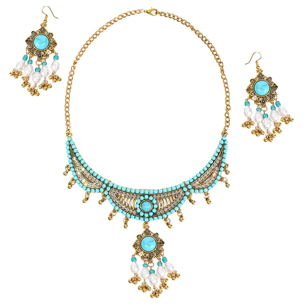 

Bohemian Necklace Earring Set Pearl Alloy Fashion Jewelry Sets for Women Lightweight Durable Reusable Chunky Statement