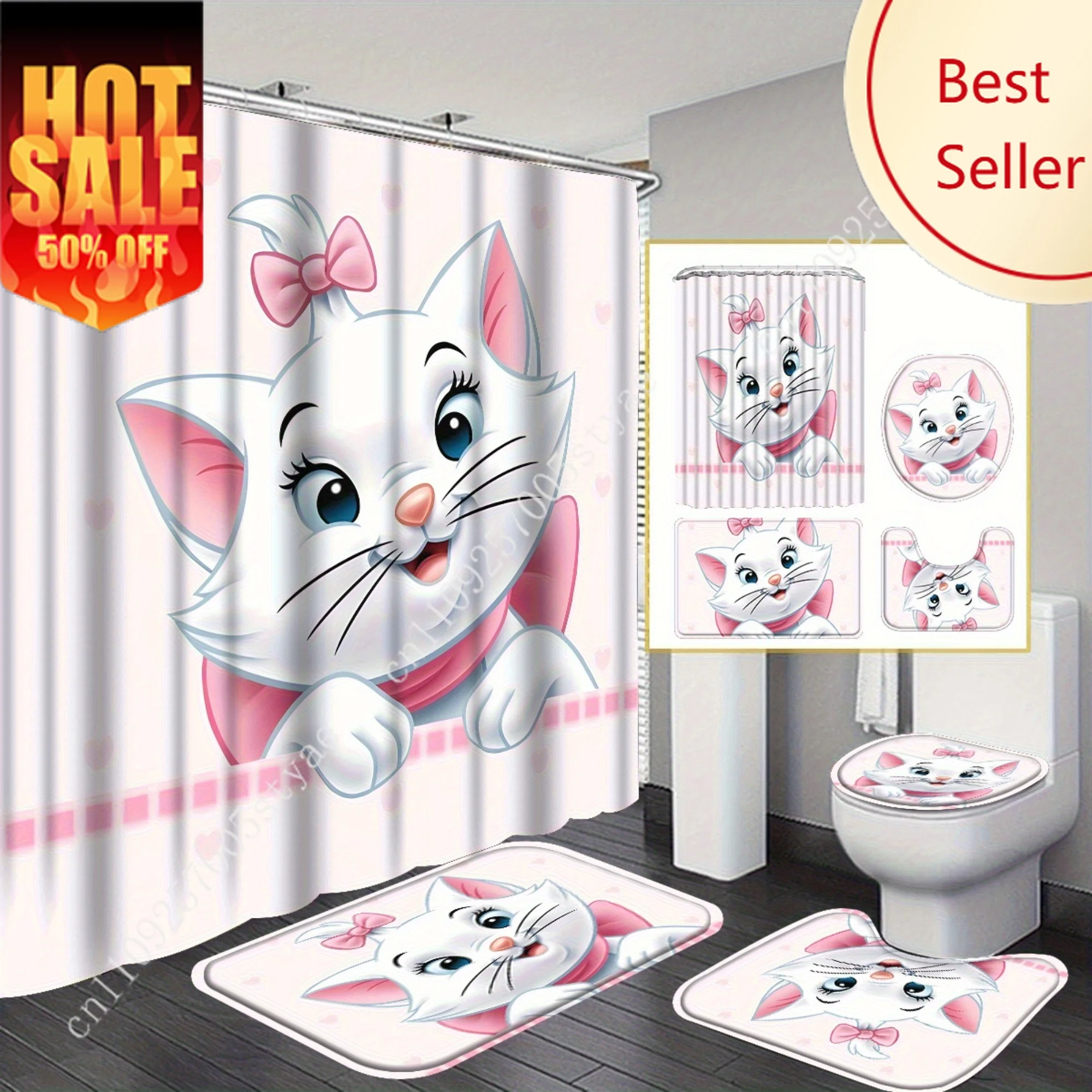 

Aristocats Marie Shower Curtain Set Disney Cartoon 4pcs Decoration Gifts Floor Mats Toilet Seat Cover Bathroom Non-slip Rug Bath