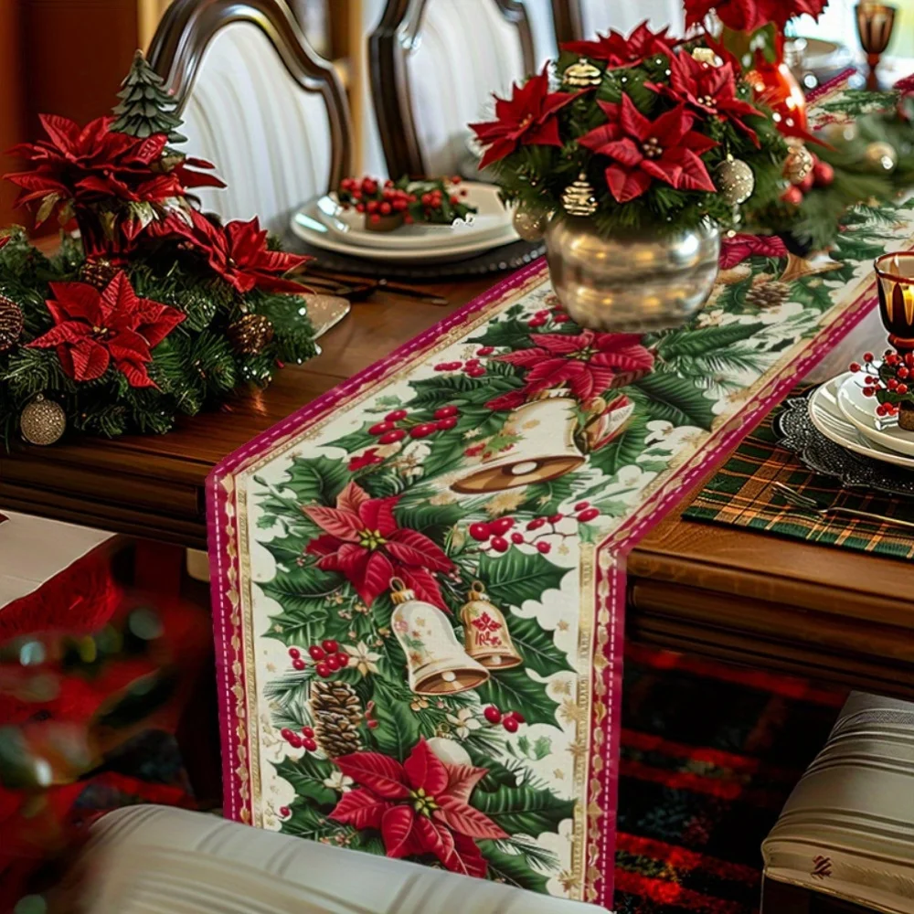 1 Stück Weihnachtsstern-Tischläufer mit Glöckchen und Stechpalmen-Dekor, ideal für Weihnachtsfest-Geschenke und Heimdekoration