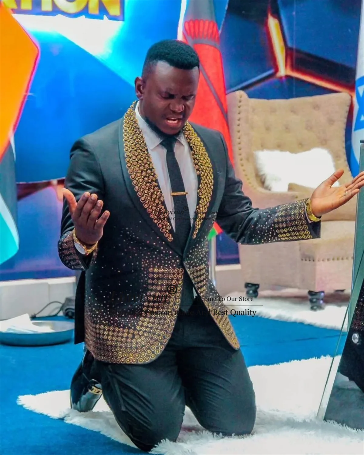 

Handmade Diamond Crystals Men Suits 2 Pieces Sets Party Groom Blazers Outfit Wedding Tuxedo Slim Fit Customized Costume Homme