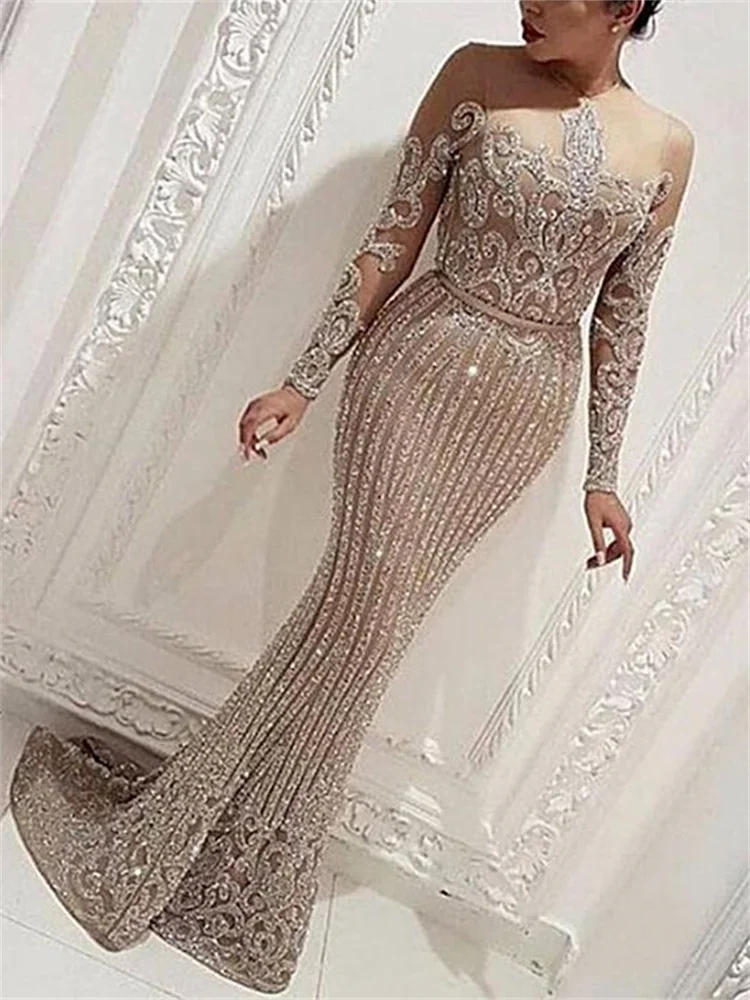 Maxi Dresses for Women 2023 New Fashion Long Sleeve Floor Length Evening Dresses Elegant Slim Sequins Vintage Dress