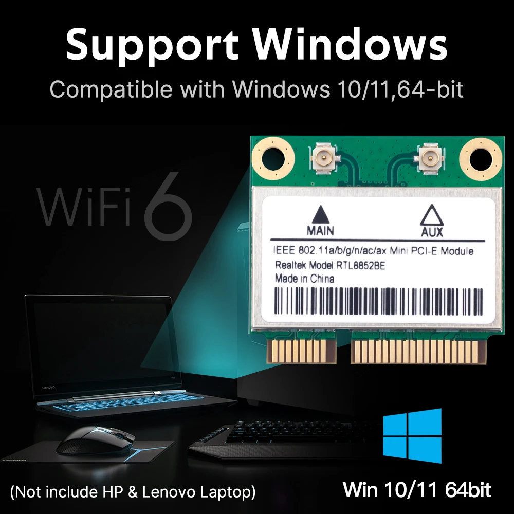 RTL8852BE WiFi 6 مجموعة هوائي بطاقة الشبكة 1800Mbps BT 5.2 ثنائي النطاق لاسلكي MiniPCIe 802.11ax 2.4G/5 جيجا هرتز MU-MIMO لنظام التشغيل Windows 10 #5