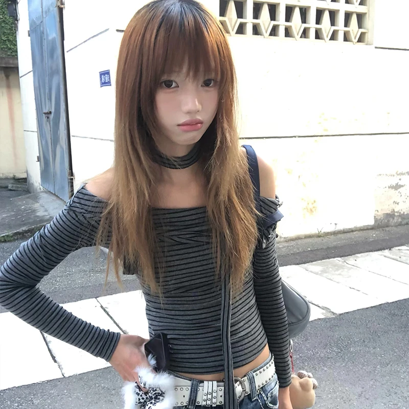 Karrram اليابانية Y2k قبالة الكتف محبوك القمم 2000s نمط كم طويل تي شيرت مخطط مع وشاح خمر Harajuku تريكو 90s #4