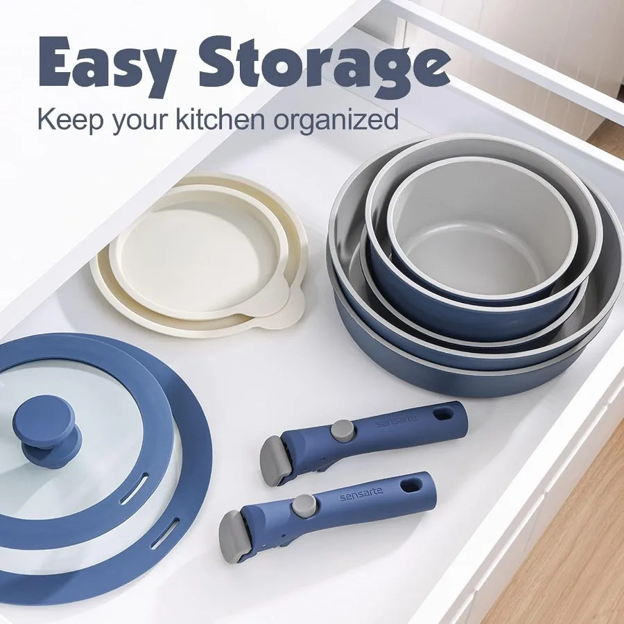 Набор керамических кастрюль и сковородок из 24-х предметов со съемными ручками с антипригарным покрытием для индукционной приготовления пищи. Здоровая посуда без PFOA. Подходит для