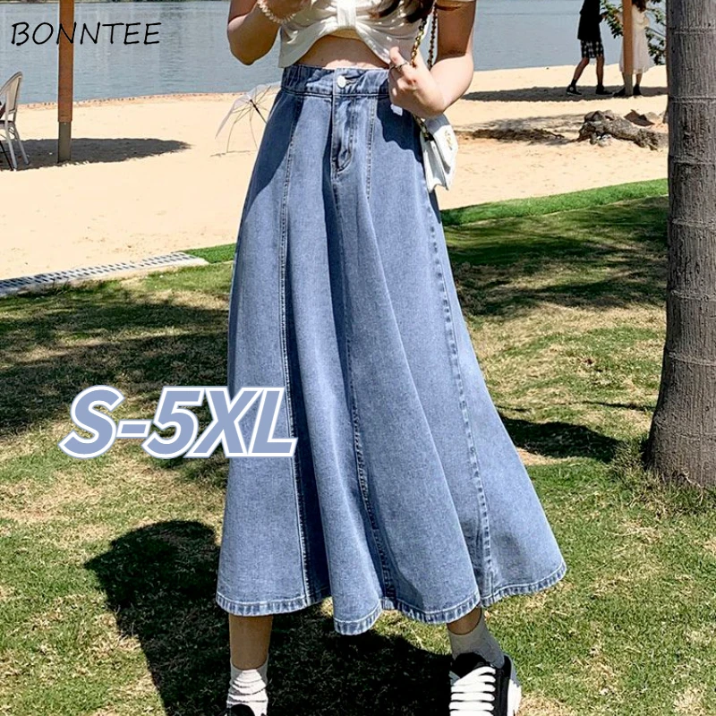 S-5XL Skirts Women Midi Summer Students Newest High Waist A-Line Denim Cowboy Basic Simple Casual Streetwear Ins Holiday Spring