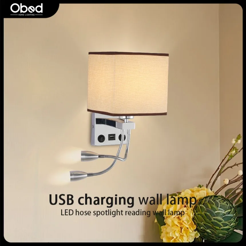 Nordic Minimalist Fabric Wall Lamp Hotel Indoor LED Reading Lamp Bedroom Study USB Charging Bedside Decorative Wall Lamp85-265V