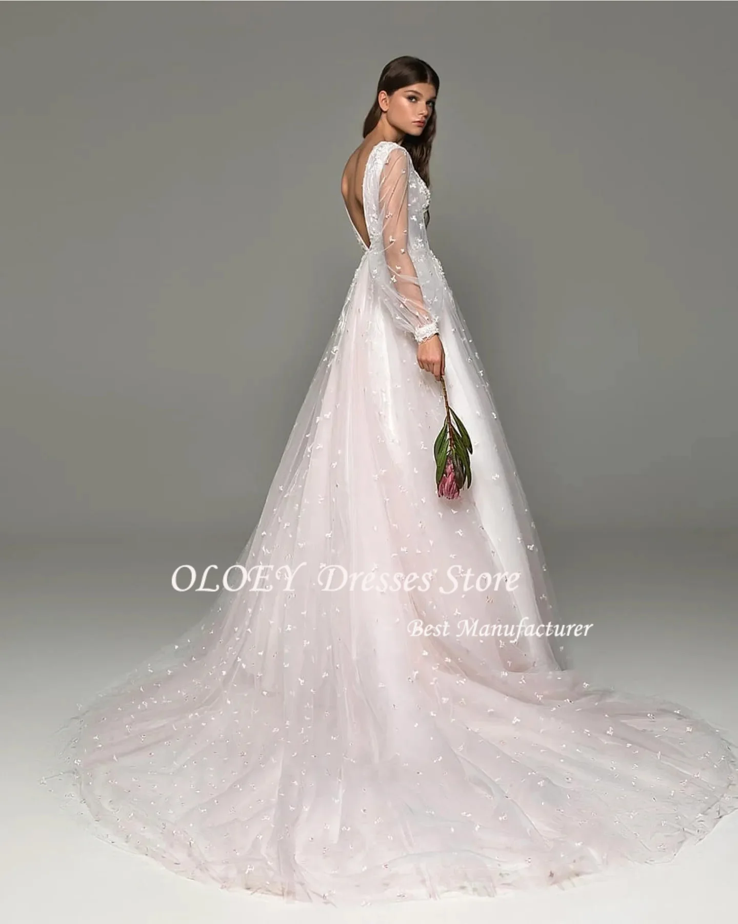 Oloey personalizado renda bordado com decote em v manga puff vestido de casamento a linha vestidos de novia tribunal trem vestido de noite 2026