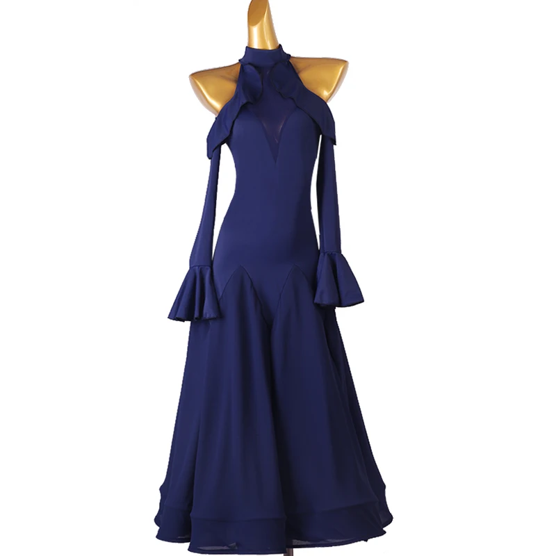 Sukienki konkursowe damskie standardowe z falbankami, odzież treningowa dla pań, długa suknia do walca, sukienka na zawody tańca towarzyskiego, występ taneczny, sceniczna.