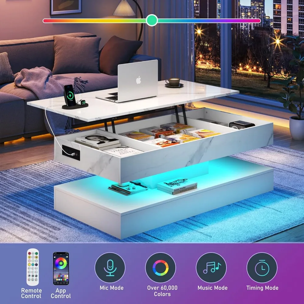 طاولة قهوة حديثة مضيئة بإضاءة LED مع قاعدة شحن وتخزين مخفي، طاولة مركزية بيضاء عالية اللمعان للمستدام