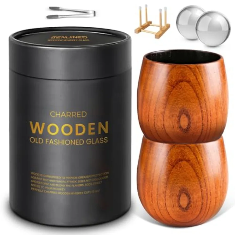 

Large Charred Wooden Whiskey Glasses Set of 2 Anniversary Birthday Gifts Bourbon Gifts for Men Old Fashioned Wooden Smoke Bourb