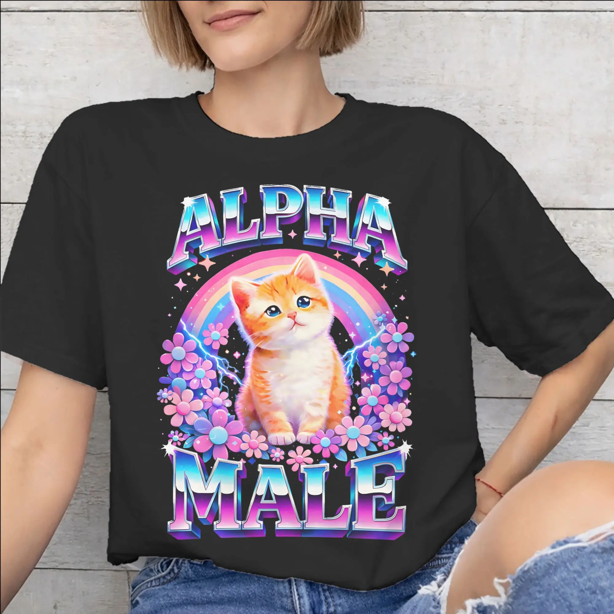 Men Women Alpha Male Cat Kitten Funny  Shirt Pure Cotton New Arrival Tee Shirts  Top Clothing