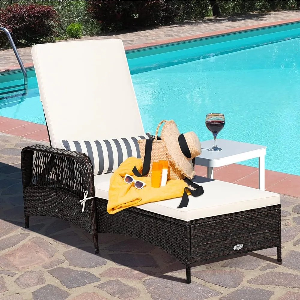 Patio Wicker Chaise Lounge Chair, Outdoor Rattan Reclining Chaise w/ 6-Gear Adjustable Backrest, Thick Padded Cushion