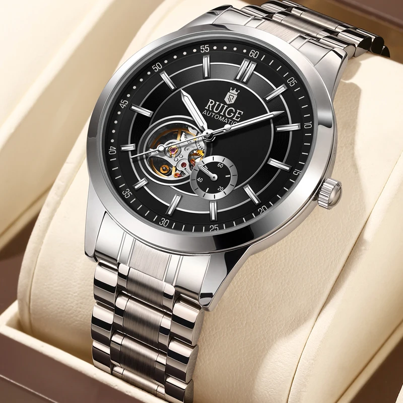 ساعة RUIGE ميكانيكية أوتوماتيكية بتصميم مجوف وحزام من الفولاذ المقاوم للصدأ، ساعة يد رجال الأعمال العصرية.