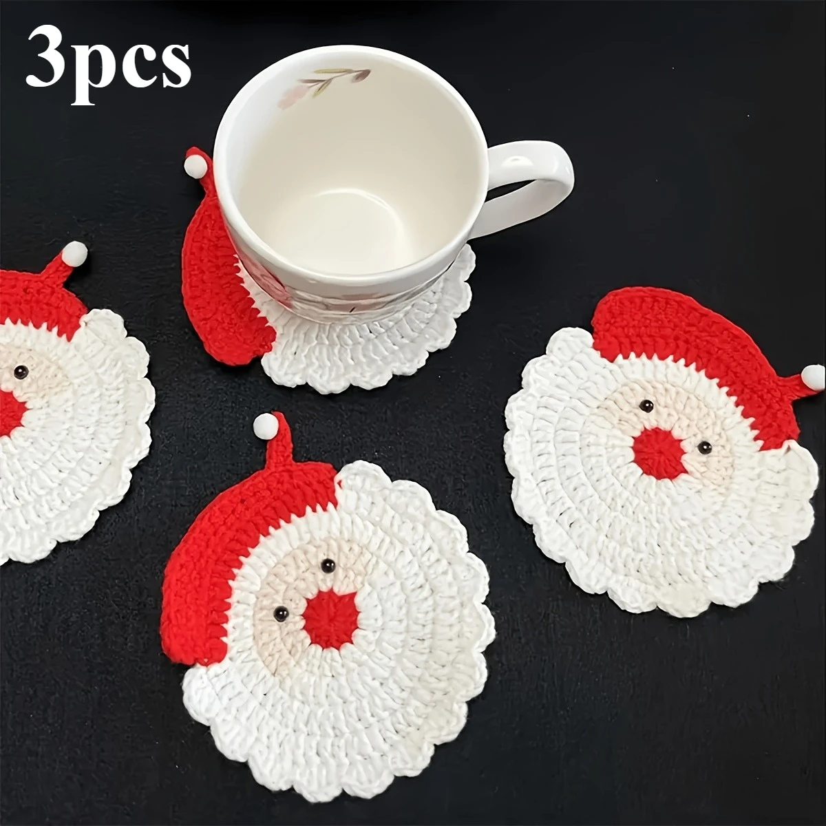 3pcs Handmade Crochet Santa Claus Coasters - Holiday Decoration, Durable Fabric Drink Tray, Unique Christmas Gift