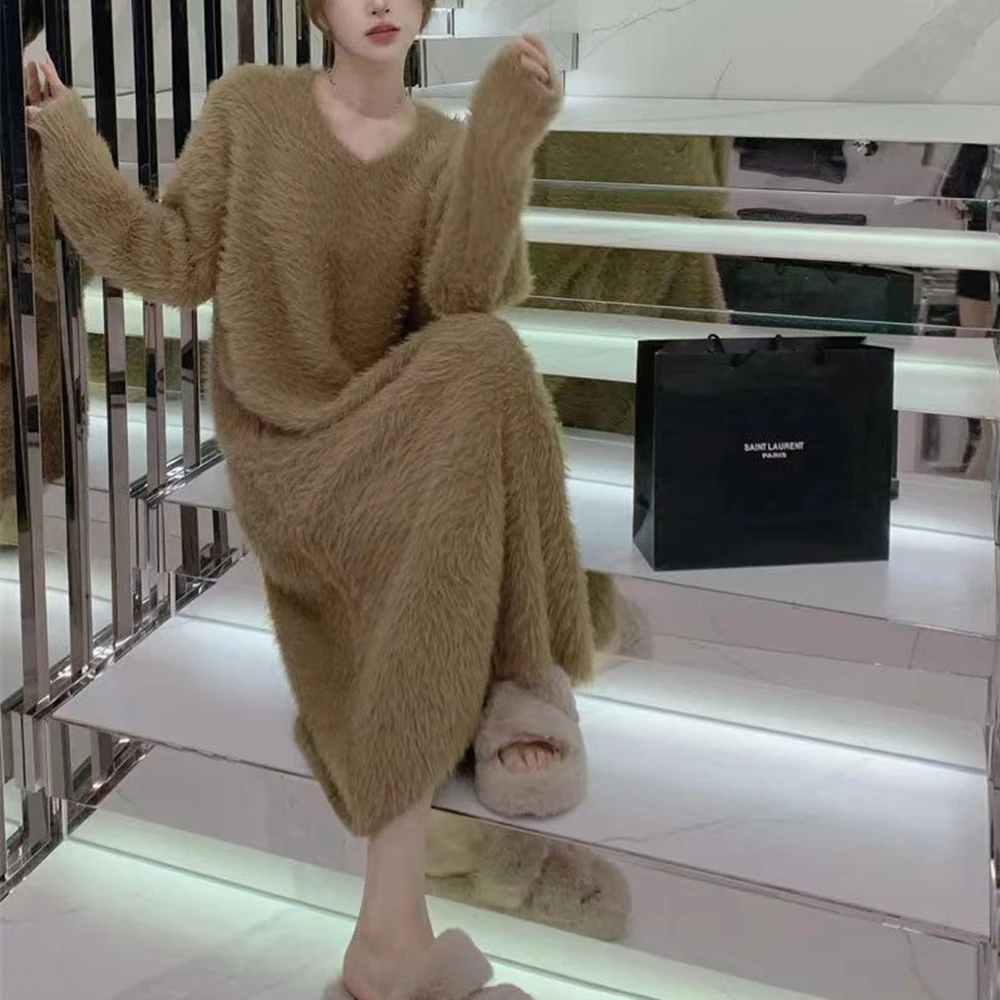 Plus Size 5XL 140KG Winter Women Fleece Sleep Dress Solid Color Nightdress V Neck Long Sleeve Home Wear Sweet Nightgown