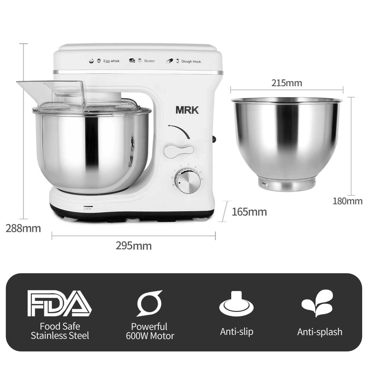 Ready to ship MRK kitchen stand food mixer with double dough hooks, flat beater, whisk and 4L stainless steel mixing bowl