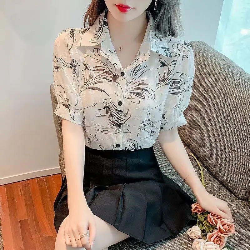 2024 New Summer Korean Version Streetwear Sweet Short Sleeved Blouses Loose Polo Collar Print Patchwork Button Women's Shirt Top