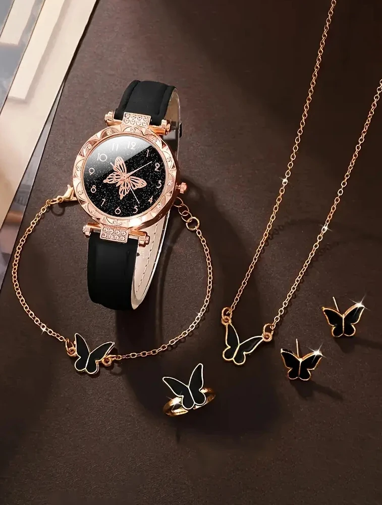 6pcs Fashion Trend Watch Luxury Women\'s watch Quartz watch Diamond Fashion women\'s watch with butterfly jewelry set