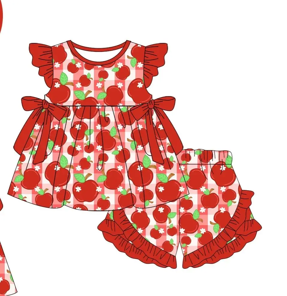Wholesale Girls Apple Leopard Printed Ruffle Shorts Set Kids Dress Boutique Toddler Back To School Clothes