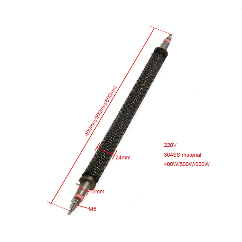 LUJINXUN Трубчатый нагреватель с ребрами, 24 мм, прямой тип, воздушно-сухая нагревательная труба, диаметр трубки из нержавеющей стали 304. 12 мм, 220 В, 400 Вт/500 Вт/600 Вт