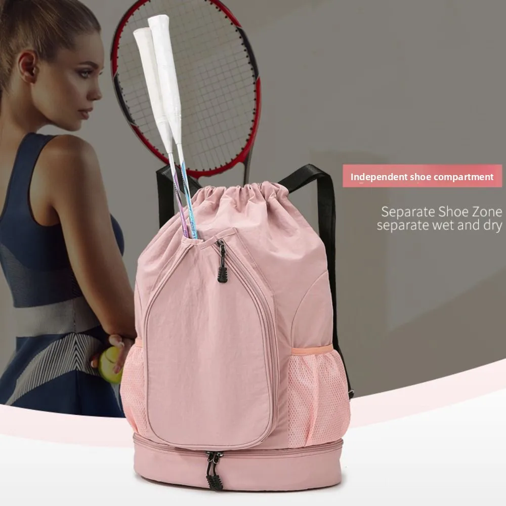 

2 Rackets Tennis Racket Backpack with Shoes Pocket Waterproof Badminton Sports Bag Drawstring Closure Large Capacity Gym Pack