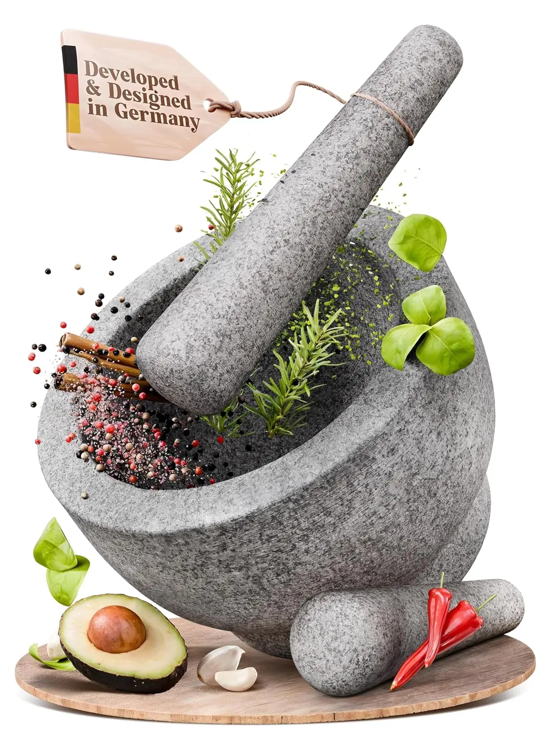 Extra Large 8 Inch 5 Cup-Capacity Mortar and Pestle Set - One Huge Mortar and Two Pestels: 8.5 inch and 6.5 inch - Unpolished He