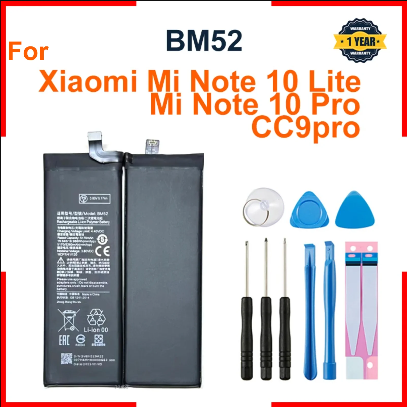 New High Quality 2024 years BM52 5260mAh Battery For Xiaomi Mi Note 10 Lite / Mi Note 10 Pro / CC9pro CC9 Pro Battery