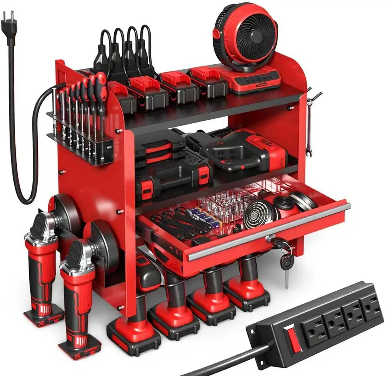

Настенный органайзер для инструментов из прочного металла с держателем для дрелей и выдвижными ящиками с замками для гаража, мастерской, сарая - красный
