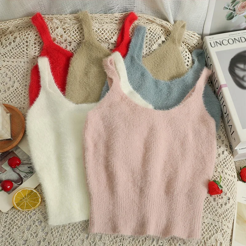 Women Knitted Tank Tops U Neck Off Shoulder Crop Tops INS Elastic Sexy Tank Tops Autumn Lady Elegant Tank Tops Elastic Slim Vest