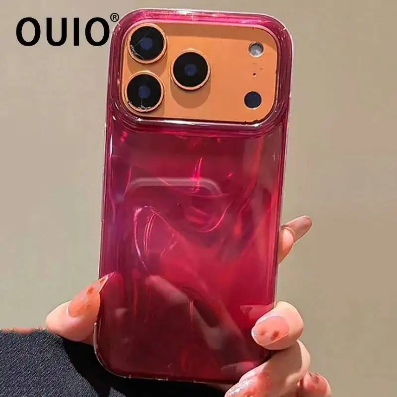 OUIO Luxury Claret Water Ripple Phone Case For IPhone 17 16 15 14 Pro Max 13 16 15 Plus Simple Stylish Fundas